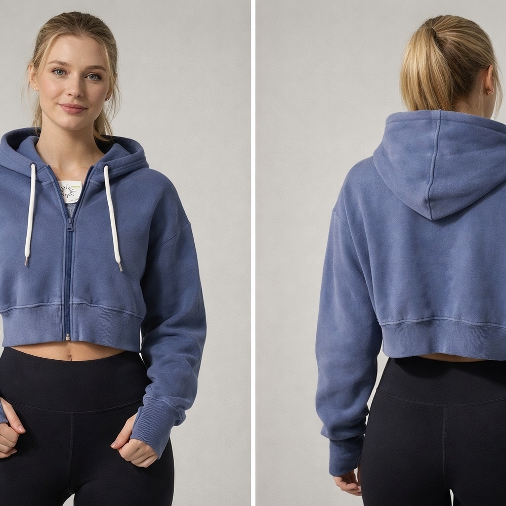 aerie Washed Denim-Blue Cropped Hoodie - Picture 2 of 10
